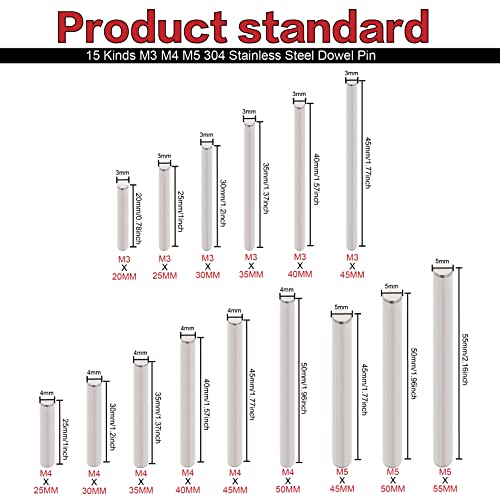 150Pcs 304 Stainless Steel Dowel Pin Assortment Kit M3 M4 M5 with Box M3/M4/M5