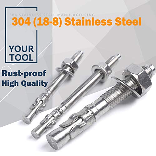 5/8" X 8" Concrete Anchor, 304 Stainless Wedge Anchor with Excellent Anti-Rust Performance, 304(18-8) Stainless Steel Concrete Anchors and Screws Kit (5pcs) 5/8" X 8"