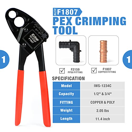 IWISS Combo Angle Head Pex Pipe Plumbing Crimping Tool for Copper Crimp Jaw Sets 1/2" & 3/4" with Go/No-Go Crimp Gauge Crimper