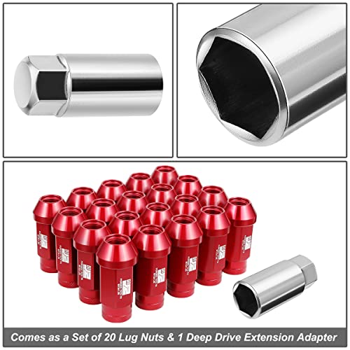 J2 Engineering J2-LN-T7-037-125-RD M12 x 1.25 T6-7075 Aluminum 50mm Closed End Lug Nuts w/Deep Drive Extension Adapter,Red
