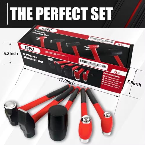 C&T 5-Piece Hammer Set, 16oz Ball Peen Hammer | 32oz Ball Peen Hammer | 32oz Rubber Mallet | 3lb Sledge Hammer | 3lb Cross Peen, Fiberglass Handle & Mallet Set 5pc