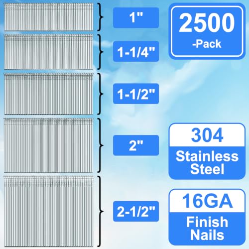 16 Gauge 304 Stainless Steel Finish Nails 1" to 2-1/2 Inch,2500-Pack 5 Sizes --2500 pcs