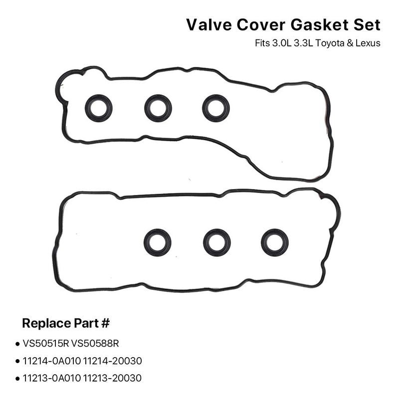 Valve Cover Gasket Set - Compatible with 3.0L 3.3L Toyota Camry, Avalon, Sienna, Highlander, Solara, Lexus ES300, ES330, RX300, RX330, RX400h - Replace VS50588R, VS50515R, 11214-0A010, 11213-0A010