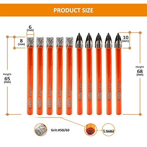 BGTEC Dry Diamond Drill Bits Set-15pcs 6mm Hole Saw+5pcs 6mm Carbide Drill for Gtanite, Marble. Masonry, Concrete, Porcelain