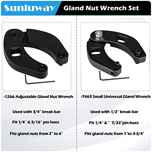 Sunluway 1266 Adjustable Gland Nut wrench & 7463 Small Adjustable Gland Nut Wrench Universal for Hydraulic Cylinders on Most Farm & Construction Equipment, Remove Gland Nuts Easily 1266+7463 Set