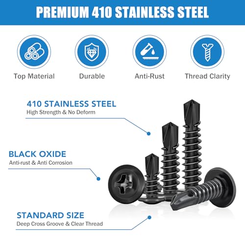 450PCS Self Tapping Screws for Metal,410 Stainless Steel Truss Head High-Strength Quick Tapping with Phillips, Lengths 1/2“ to 1-1/4",#8#10 Black Truss Head Sheet Metal Self Drilling Screws Black-451PCS
