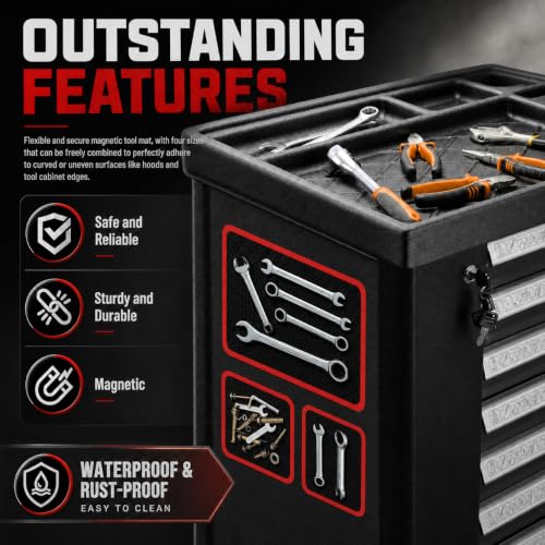 Magnetic Tool Mat Set – 4 Magnetic Pads (Large, Medium, 2 Small) with Telescoping Pickup up to 30.5" & 360° Mirror up to 29.9", 40LB Parts Holder for Garage, Workshop, Auto ‎4 Mats & Pickup Tools & Inspection Mirror
