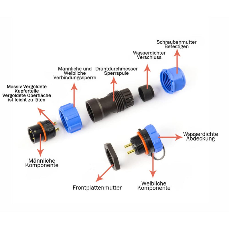 Connector Aviation Plug SP13 IP68 2 Pin, SP13 2 Pin Waterproof Male and Female Satellite Cable Connector Used for Outdoor Lamps