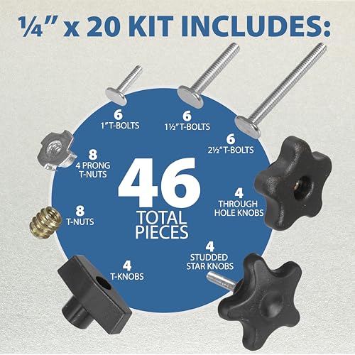 46 Piece T Track Bolts and Knobs Kit, 1/4" x20 & 5/16”-18 T Bolts & Threaded Knobs, T Track Accessories for Woodworking, Build Your Own Woodworker Jigs and Fixtures, T-Track Parts Hardware Set