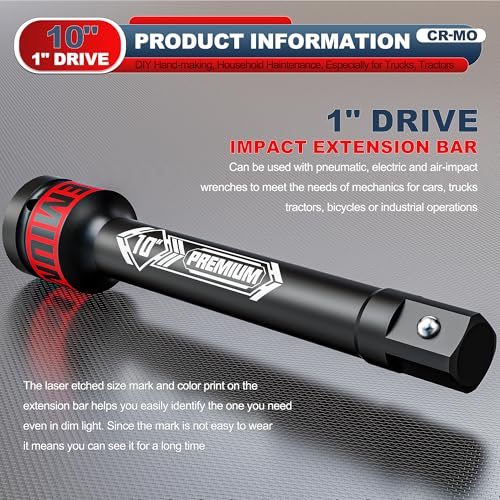 1" Drive Impact Extension Bar, 10 Inch Length Socket Extension, CR-V Steel, Narrow and Deep Areas in Household Haintenance, Trucks Tractors Repair or Industrial Operations 1" 10-Inch