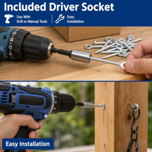 Eye Lag Screws for Wood Ceiling Wire, 100 Pcs with Driver Socket