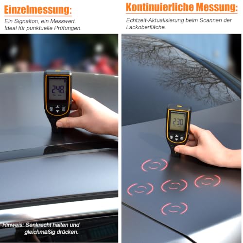 Car Paint Thickness Gauge 0-2999 µm Used Car Check and Workshop | ±2% + 2 µm accuracy, 0.1 µm resolution, Fe/NFe automatic, upper/lower limit alarm, 6-point calibration, 30 value memory