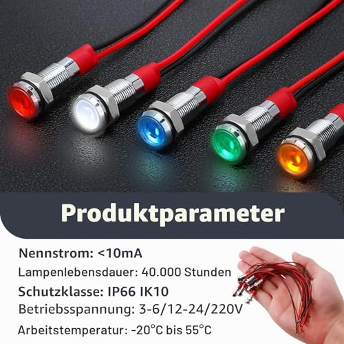 Pack of 10 6 mm Indicator Light, 12-24 V Signal Light, Car Signal Lamp, Waterproof Indicator Lights, Copper Coated Wired for Warning Indicator and Signal (Red, Green, Yellow, Blue, White)