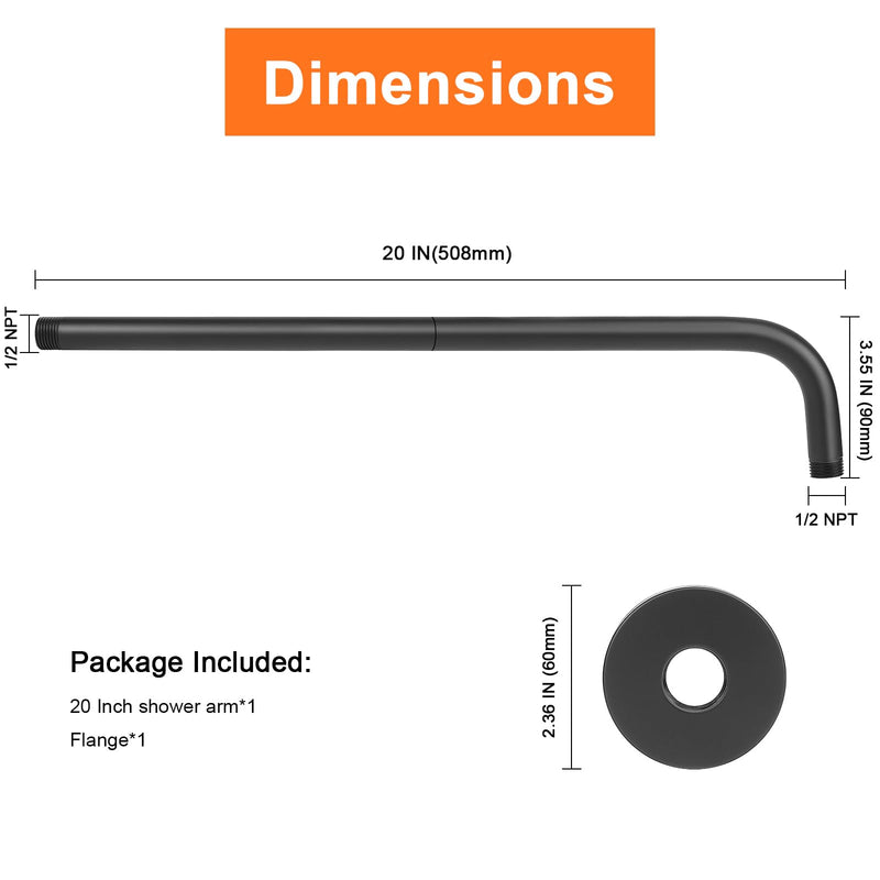 Shower Arm with Flange and Teflon Tape, Wall Mounted Shower Pipe 304 Stainless Steel Extension Arm for Fixed Shower Head & Handheld (20 Inch, Matte Black) 20 Inch