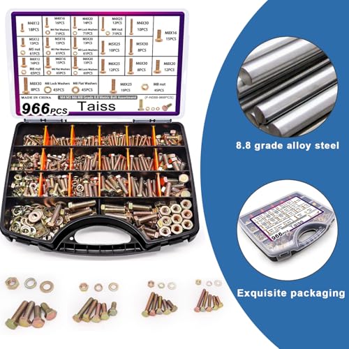Taiss 966pcs Metric Bolt Assortment Grade 8.8 Heavy Duty,M4 M5 M6 M8 Hex Metric Bolts and Nuts Kit (12-30mm)+30pcs 1/4-20 x 3/4" Flat Head Socket Head Screw Furniture Bolts Stainless Steel