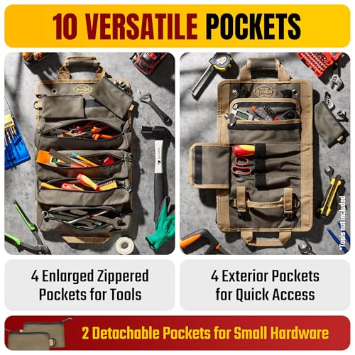 The Ryker Bag PRO Tool Roll Organizer - Motorcycle Tool Bag With 4 Detachable Pouches & Wrench Organizer for Mechanic - Small Car Portable Tool Bag - Gifts for Dad