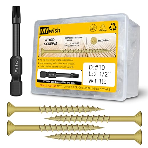 Mywish (8 Sets) 1/2-13 x 2 Carriage Bolts & 77Pcs Wood Screws #10 x 2-1/2" 1lb Box, Deck Screws 2 1/2 Inch, T25 Torx Drive Head, Outdoor Construction Screws, Carriage Bolts Screws Round Head Square Ne