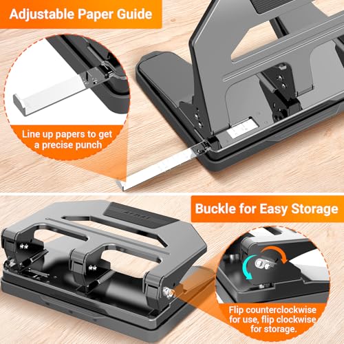 AFMAT Heavy Duty 3 Hole Punch, 40-Sheet Three Hole Puncher for Binder, 50% Reduced Effort Paper Punch, 10K+ Uses, Office Metal Hole Puncher 3 Ring w/Large Tray, Bulit-in S.S. Paper Guide, HPX2(Gray) Gray 40-Sheet Capacity