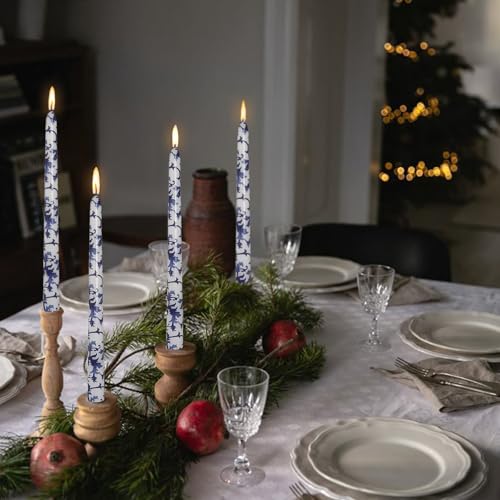 24Pcs Candle Sticky Dots & 4Pcs 10 Inch Blue White Floral Spiral Taper Candles, Unscented Tapered Candlesticks Set for Wedding Home DIY