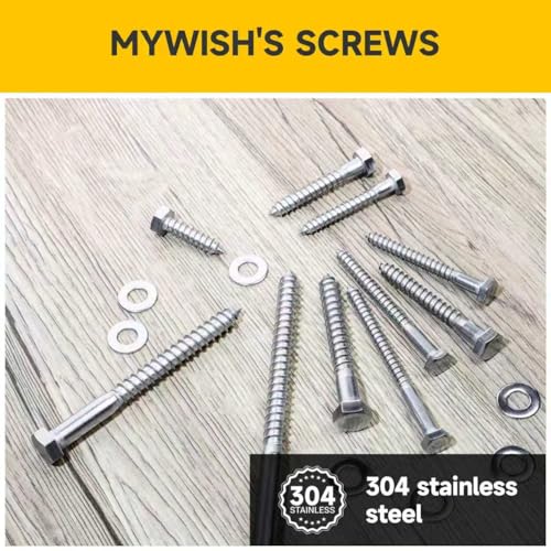 Mywish (50Sets) 3/8" x 1-1/2" Lag Bolts, 304 Stainless Steel 3/8 inch Lag Screws Bolts for Wood, Heavy Duty Hex Head with Flat Washers Bolt Kit, Bright Finish 3/8 x 1-1/2"