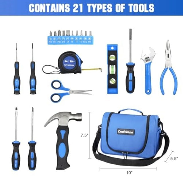 Pink Tool Set | Tool Bag for Women with Shoulder Strap | Basic Tool Kit|21Pcs Tool Pouch with Zipper|Portable Tool Bag with Tools for Home|Dorm|Office|DIY|Desk|Apartment Pink
