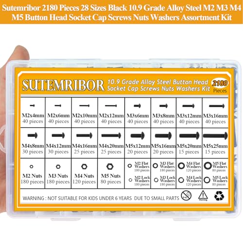 2180 Pieces Black M2 M3 M4 M5 Button Head Socket Cap Screws Nuts Washers Assortment Kit, Metric Screw Assortment with Hex Wrenches, 10.9 Grade Alloy Steel, Fully Threaded M2/M3/M4/M5