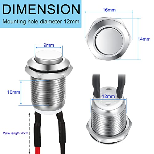 Gebildet 5 x Waterproof Push Button Momentary Stainless Steel Button On Off 12 mm 2A/12V/24V/125V/250V with Wire (Protruding) Silver-E545