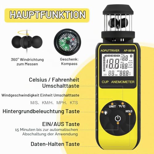Digital Anemometer Handheld AP-881M Wind Gauge Anemometer with 360° Wind Direction Wind Cup Anemometer with Temperature (℃/℉) Measurement of Air Speed Air Volume for HVAC Vents, Boat Sailing 881M
