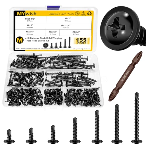 Mywish 155Pcs #8 Black Self Tapping Screws & 200pcs #10×1" Self Tapping Screws for Metal, 410 Stainless Steel Truss Head Sheet Metal Screws, Self Drilling Screws for Metal Plastic & Wood，Self Drilling