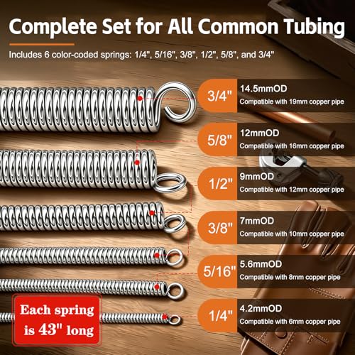 Tnisesm 6-in-1 Copper Tube Bender Set, 1/4" 5/16" 3/8" 1/2" 5/8" 3/4" Copper Pipe Bender Tool Kit, 43in Long Manual Kink-Free Bending Spring for HVAC, Plumbing, Refrigeration & DIY Projects 43in/110cm