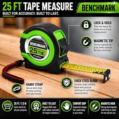 3 Pack - Tape Measures 25 ft - Easy to Read Fractions to 1/8th inch - Magnetic Tip - Thumb and Quick Lock - Autowind - Belt Clip - Green - Measuring Tape Retractable 3