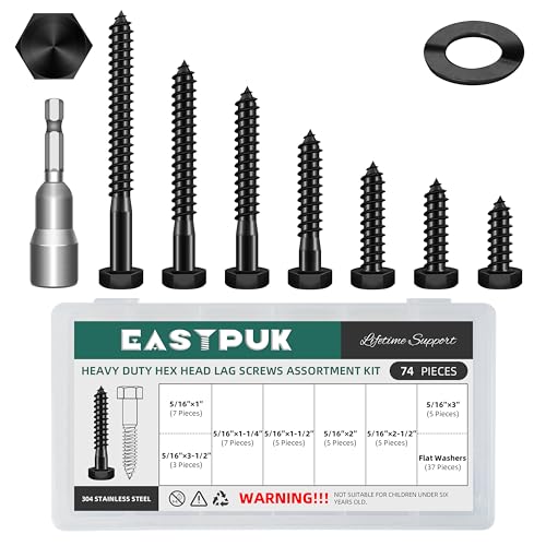 (12Sets) 5/16" x 2-1/2" Hex Head Lag Bolts & 74Pcs 5/16 Hex Head Lag Bolts Screws Assortment Kit, Heavy Duty Lag Screws with Washers, 304 Stainless Steel, Bolt for Wood, Partial Thread