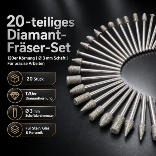 20 Piece Diamond Cutter Set for Dremel 3 mm Shank 120 Grit for Engraving Grinding Polishing Stone Glass Ceramic