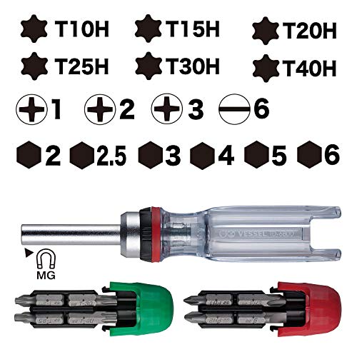 VESSEL CRYSTALINE Ratchet Screwdriver with Insert Bit SET (+, TORX, HEX (16 PC. SETJ)) +, -, Torx, Hex (16 Pc. Setj)