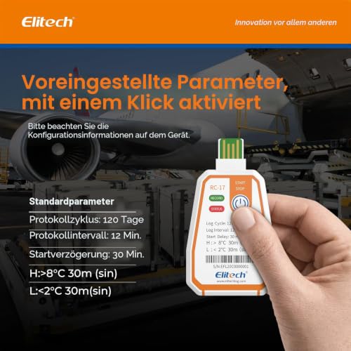 Elitech RC-17 Disposable Temperature Logger USB 180 Days Continuous Recording 16000 Data Sets for Food Medication & Vaccine Cool Chains Alarm Function, IP67 Water Protection 1