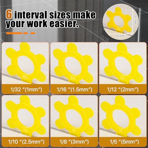 400 Pcs Reusable Hexagon Tile Spacers 1–5mm, 6 Sizes in 1 Large 6.7cm Plastic Tile Leveling Shims, Colour Coded Gap Clips for Wall & Floor Tiling, Fast Removal (Yellow) 400Pcs Yellow