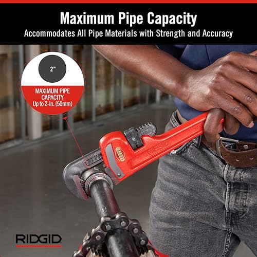 RIDGID 31015 Heavy-Duty Straight Pipe Wrench, 12" Sturdy Plumbing Wrench with Self Cleaning Threads and Hook Jaws, Red, Small 12" Durable