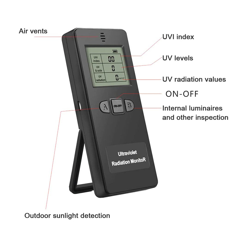 Portable Digital UV Radiation Detector, LCD UVI Meter, Radiometer Tester for Detecting Outdoor Sunlight, 2 x AAA Battery Operated, Suitable for Indoor Lamps in the Home Office