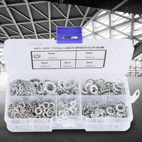 Oumefar 700Pcs Serrated Lock Washer Kit,Stainless Steel Galvanized Internal Star Tooth Lock Washers Fastening Tool Assort Set with Box, External Tooth Washers Assortment Set(M3/M4/M5/M6/M8)