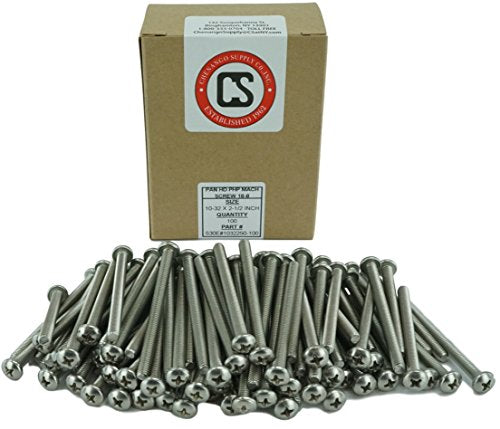 Stainless 10-32 x 2-1/2" (1/2" to 3" Lengths Available) Pan Head Machine Screws, Full Thread, Phillips Drive, Stainless Steel 18-8, Machine Thread (100, 10-32 x 2-1/2) 100