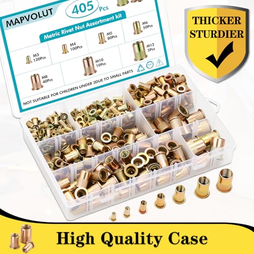 MAPVOLUT 405-Piece Metric Rivet Nut Assortment Kit | M3-M12 UNC Flat Head Threaded Insert Nutsert Set for Metal | Zinc Plated Carbon Steel Rivnuts with Sturdy Storage Case