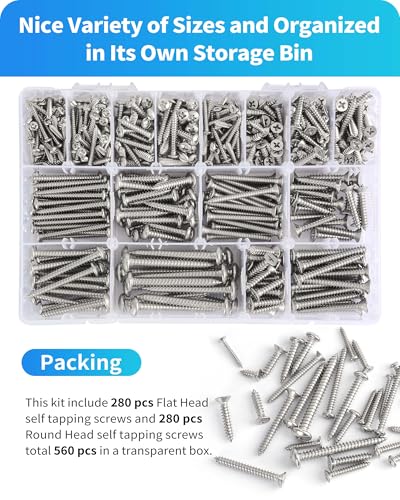560Pcs 304 Stainless Steel Self Tapping Screws Assortment Set, M3/M4/M5/M6 Flat Head & Round Head Self Tapping Screws Assortment Set, Phillips Drive Wood Screw Assortment Kit (Silver) Silver