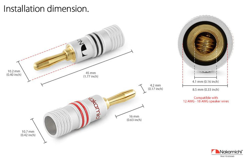 Nakamichi Excel Series 24k Gold Plated Banana Plug 12 AWG - 18 AWG Gauge Size 4mm for Speakers Amplifier Hi-Fi AV Receiver Stereo Home Theatre Audio Wire Cable Screw Connector 10 Pcs (5-Pairs) 10 Pcs (5-Pairs)