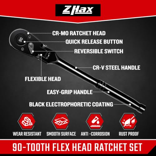 zhax 3-Piece Flex-Head Ratchet Set, 1/4”, 3/8”, 1/2” Drive 90-Tooth Ratchets, Quick Release Reversible Ratchet Wrenches for Repairing, Home, DIY, Chrome Alloy Made