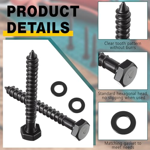 50 Sets 3/8" x 2" Hex Head Lag Bolts Heavy Duty Wood Lag Screw Carbon Stainless Steel with Washers Partially Threaded Hexagon Head Screws Zinc Plated(Black) 3/8" X 2" Black 50