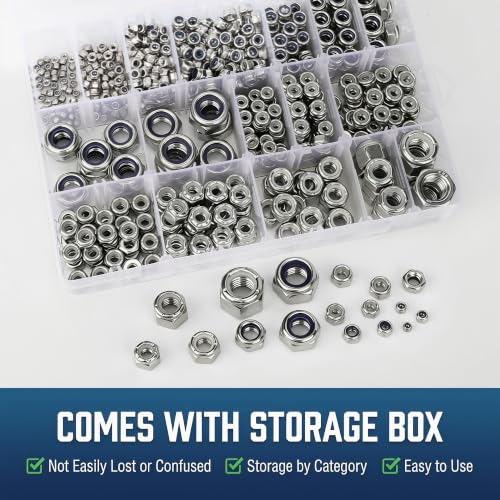 760PCS SAE & Metric Nylon Insert Lock Nuts Kit,Stainless Steel Locknuts Set