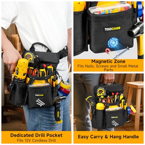 Tool Belts,18-Pocket Magnetic Tool Pouches with Drill Holster,Metal Buckle Black&yellow