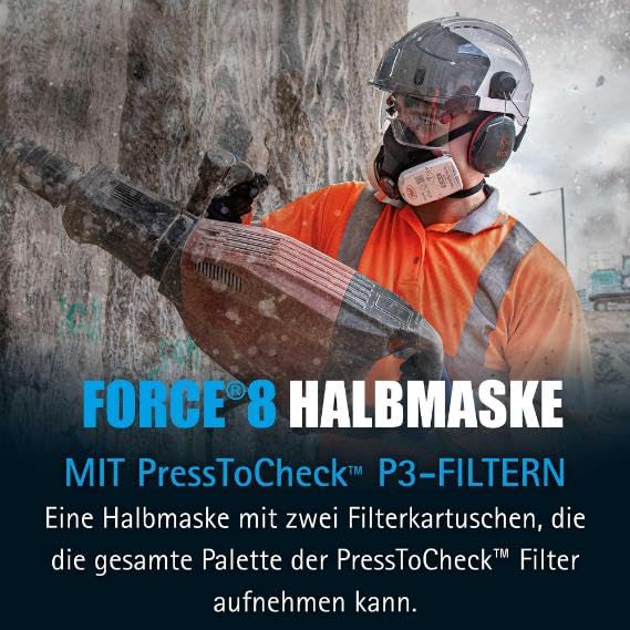 JSP Force™8 Half Mask Respirator, PressToCheck™ P3 RD Filters with Daily Face-Fit Check Technology | Protection against fine dust, quartz dust, wood dust, glyphosate, mold, aerosols, DIY and industry, EN140, EN143 certified Dust protection (P3)