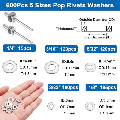 smseace 1500Pcs Pop Rivets with 304 Stainless Steel Washers Assortment Kit Packed in Handheld Box 14-Sizes (3/32" 1/8" 5/32" 3/16"1/4") Assorted Blind Rivets for Metal,Furniture,Automotive,Instrument Silver Aluminum 1500pcs 14-Sizes