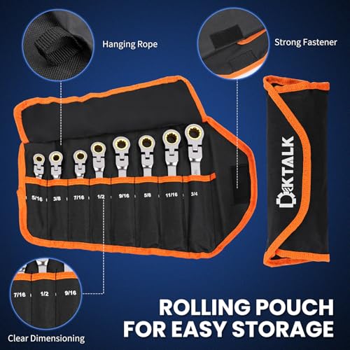 8PCS Flex Head Ratcheting Wrench Set, SAE 1/4"-3/4", 72-Tooth CR-V Steel with Rolling Pouch for Automotive Repair & Mechanics